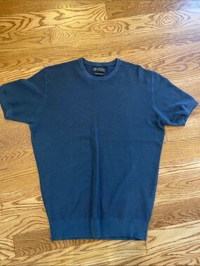 Washed Cotton Navy Short-Sleeve Knit Crewneck Shirt for Men